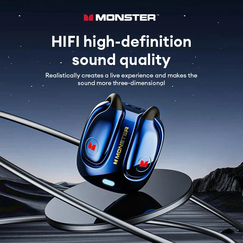 Choice monster mqo22 blue wireless earbuds with metallic finish and red logo accents headphones hifi sound gaming headset waterproof sports earbuds