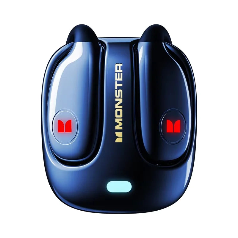Dark blue glossy Choice Monster MQO22 wireless headphones hifi sound with red logos and glowing light indicator in charging case