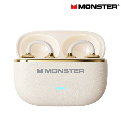 Cream-colored textured charging case with gold trim holding white earclip bluetooth headphones by Monster for game sport earbuds