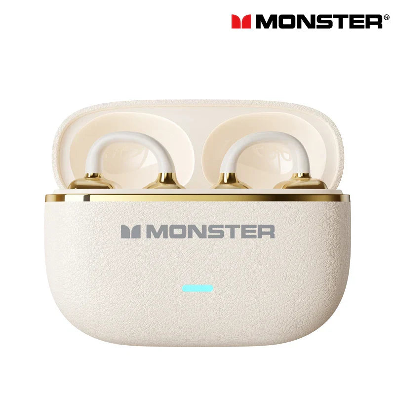 Cream-colored textured charging case with gold trim holding white monster mqt65 earclip bluetooth headphones for hifi music game