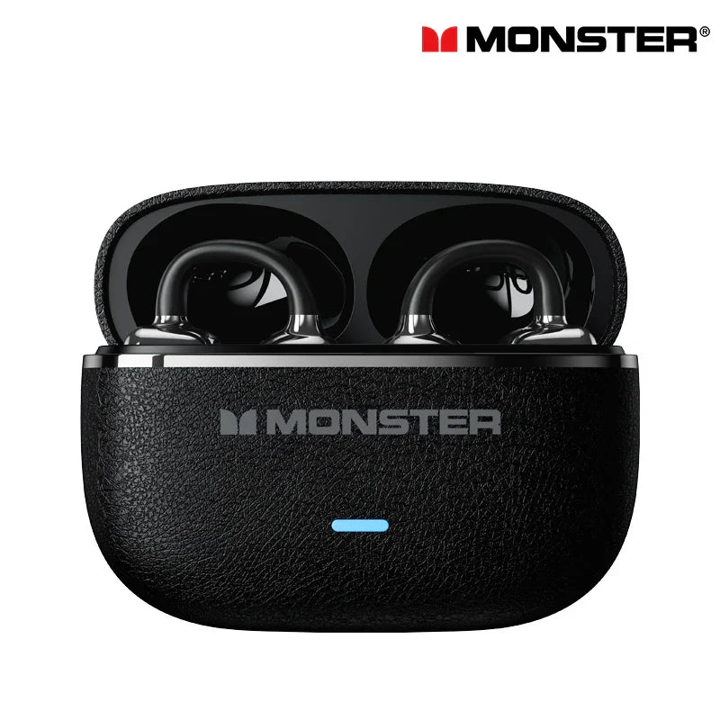 Black leather-textured choice monster mqt65 wireless earclip bluetooth headphones with silver accents and blue power indicator