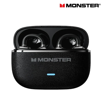 Black leather-textured choice monster mqt65 ows earclip bluetooth headphones with silver accents and blue power indicator for hifi music game sport use