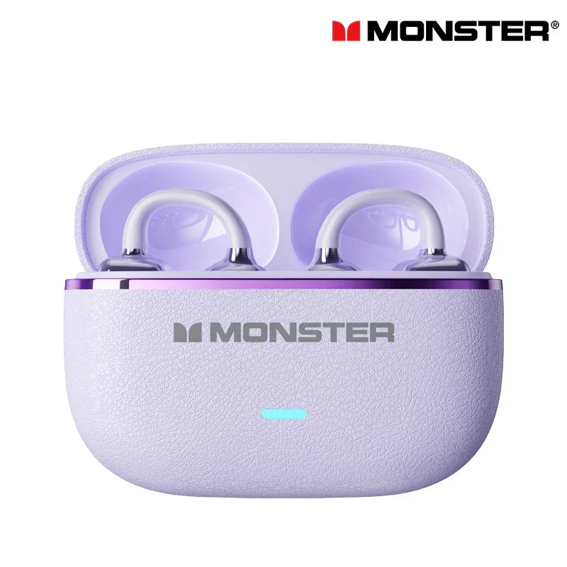 Lavender textured leather case for Choice Monster MQT65 OWS earclip bluetooth headphones with silver accents and glowing power indicator
