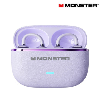 Lavender textured leather case for Choice Monster MQT65 OWS earclip bluetooth headphones with silver accents and glowing power indicator