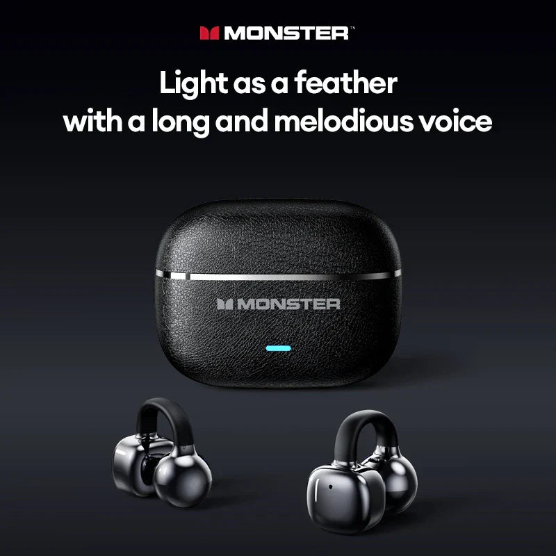 Choice monster mqt65 ows black leather-textured earclip bluetooth headphones with silver trim for hifi music game sport use