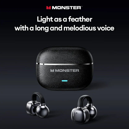 Black leather-textured monster mqt65 earclip bluetooth headphones with silver trim for hifi music game and sport use