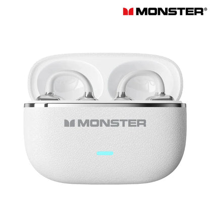 Choice monster mqt65 ows white textured earclip bluetooth headphones in sleek case with glowing blue power indicator for game sport earbuds