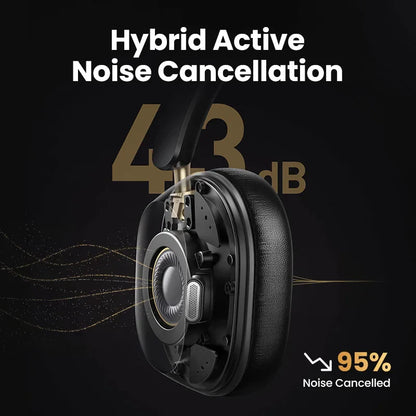 Black choice wireless bluetooth headphones with sleek design and visible internal components featuring 43db hybrid active noise cancellation and spatial audio