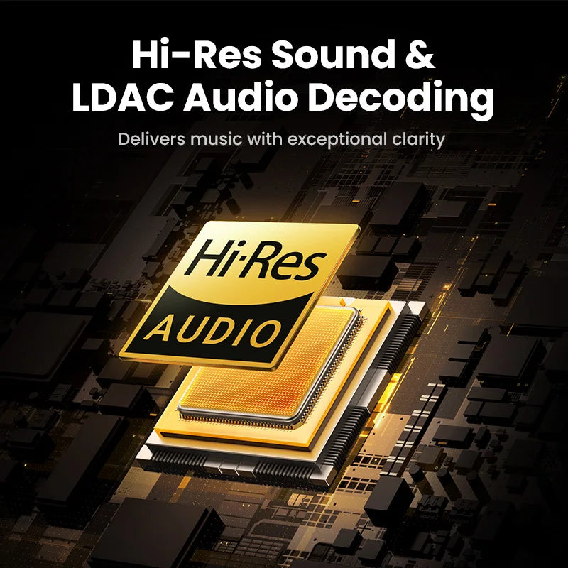 Golden hi-res audio chip with metallic edges and black label in choice wireless bluetooth headphones with 43db hybrid active and spatial audio