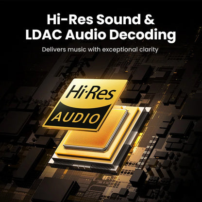 Golden hi-res audio chip with metallic edges and black label in choice wireless bluetooth headphones with 43db hybrid active and spatial audio
