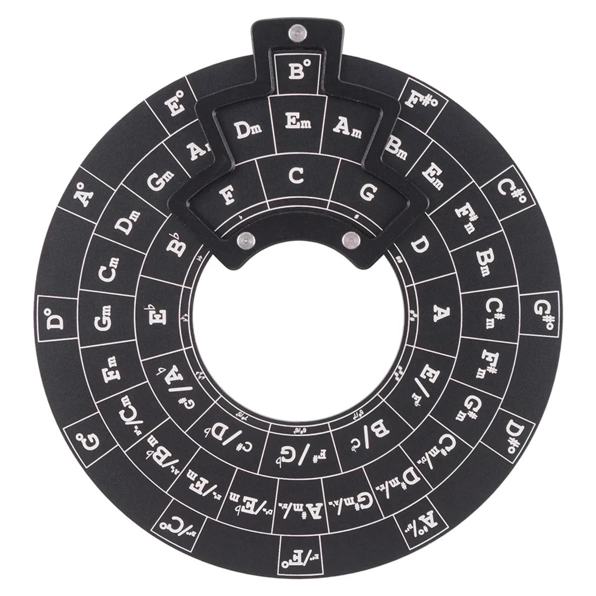 Black circular wooden guitar chord wheel displaying musical notes and chords for music theory and chord wheel use