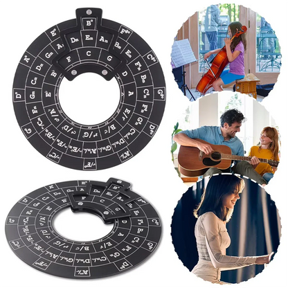 Black circular wooden guitar chord wheel with white lettering and key signatures for music theory and melody tool use