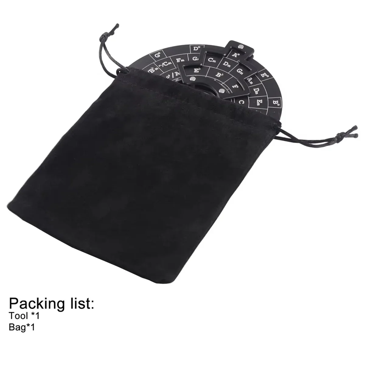 Black suede drawstring bag containing a black circular wooden guitar chord wheel music theory tool with white lettering