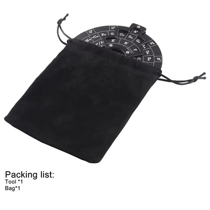 Black suede drawstring bag containing a black circular wooden guitar chord wheel music theory tool with white lettering