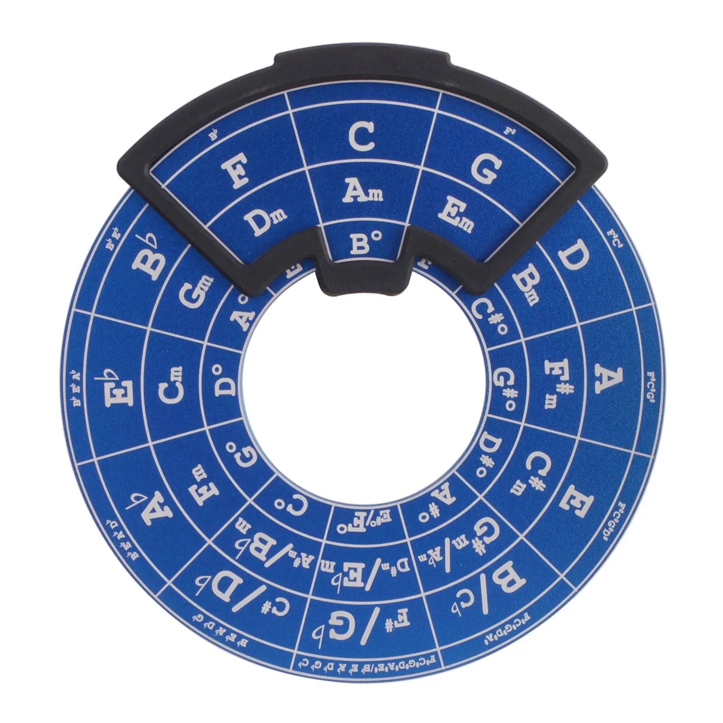 Blue circular metal fifths wheel music theory disc with black plastic tabs and white lettering melody tool for musicians