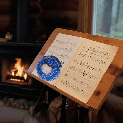 Blue metal melody tool circle of fifths wheel music theory disc resting on open sheet music on wooden stand