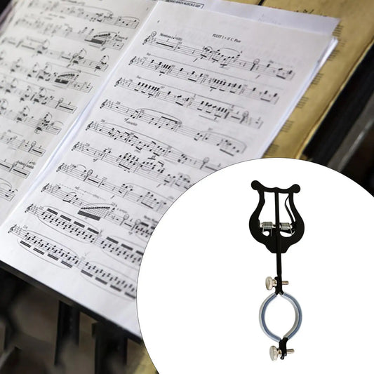 Black metal harp-shaped music stand clip with adjustable clamps for trombone stage performance and wind instruments marching