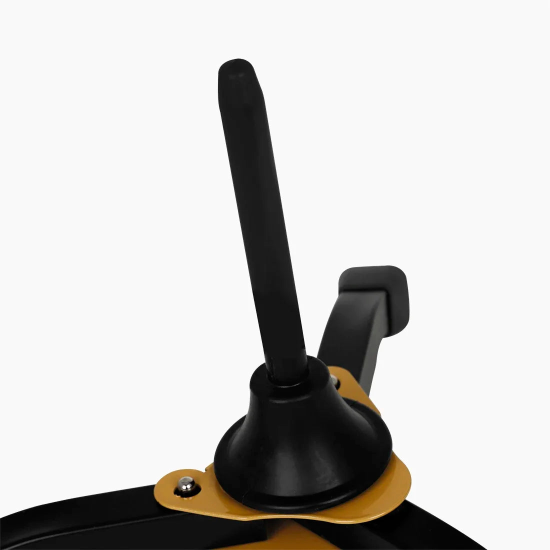 Black rubber suction cup with gold metal base and handle on black surface for portable detachable folding saxophone stand