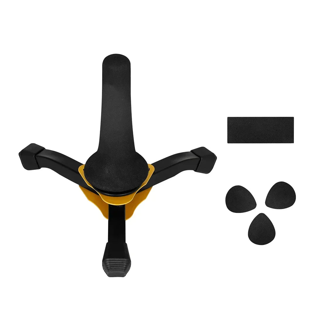Black and yellow ruggedized triangle stand metal base with three arms and foot pedal for portable detachable folding use