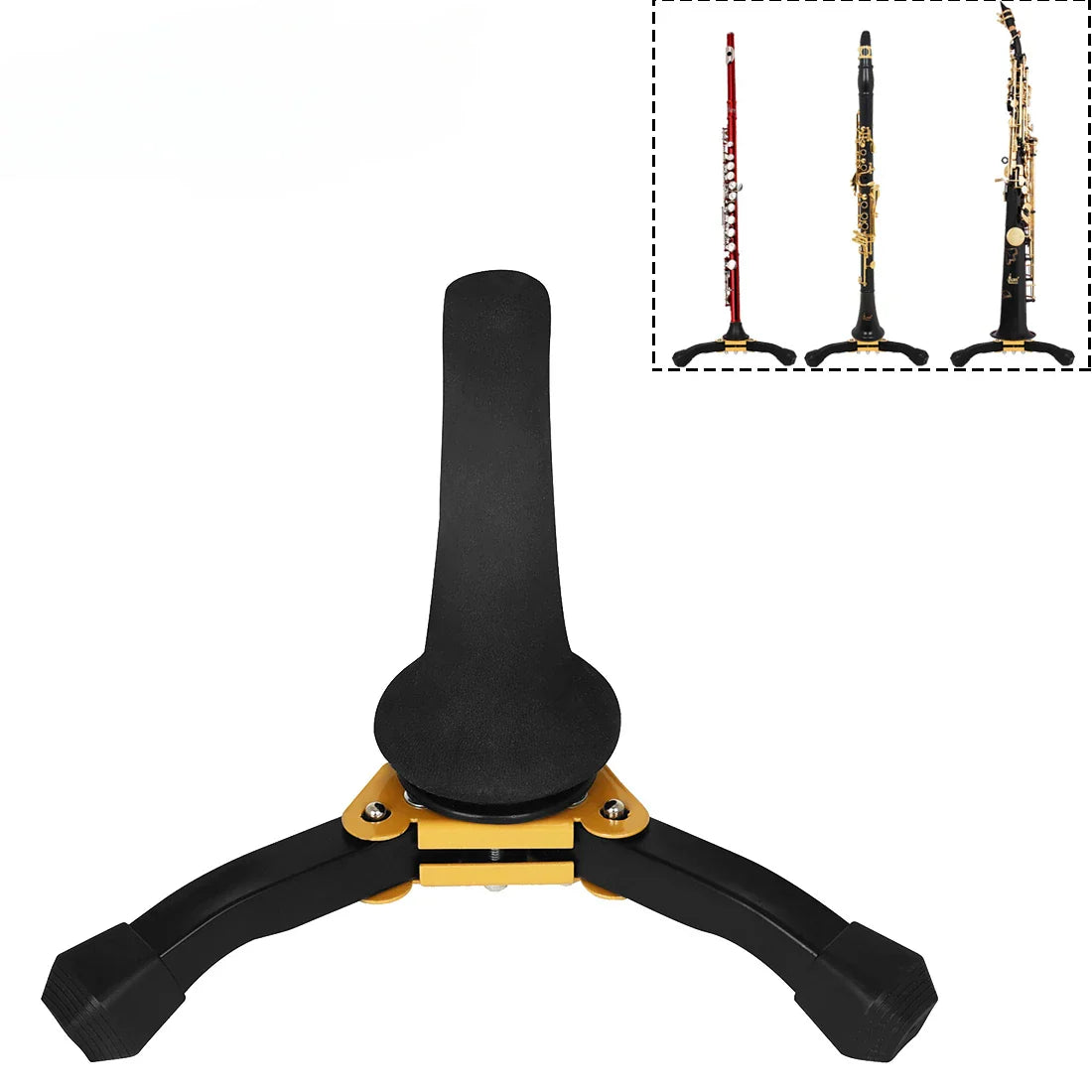 Black and gold metal clarinet stand with ruggedized triangle base portable detachable folding for woodwinds