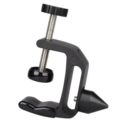 Black plastic and metal clarinet stand bracket with threaded screw knob handle and pointed base for holder clarinet repair maintenance tools woodwind