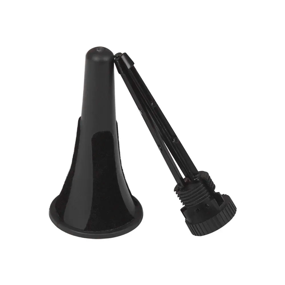 Black plastic otoscope with conical handle and adjustable headpiece shown with clarinet stand bracket accessories foldable tripod