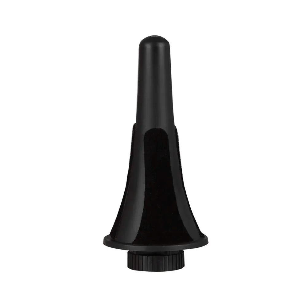 Black plastic otoscope speculum with tapered conical shape and textured base shown with clarinet stand bracket accessories foldable tripod
