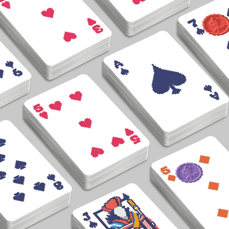 Classic balatro joker poker card set with pixelated red blue and purple suits on white faces for collectibles cards games