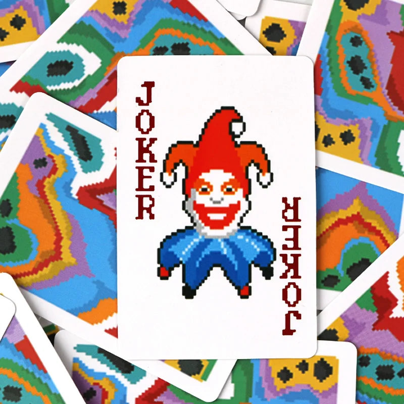 A pixelated classic balatro joker playing card with a red hat and blue outfit for portable playing hobby collectibles cards games