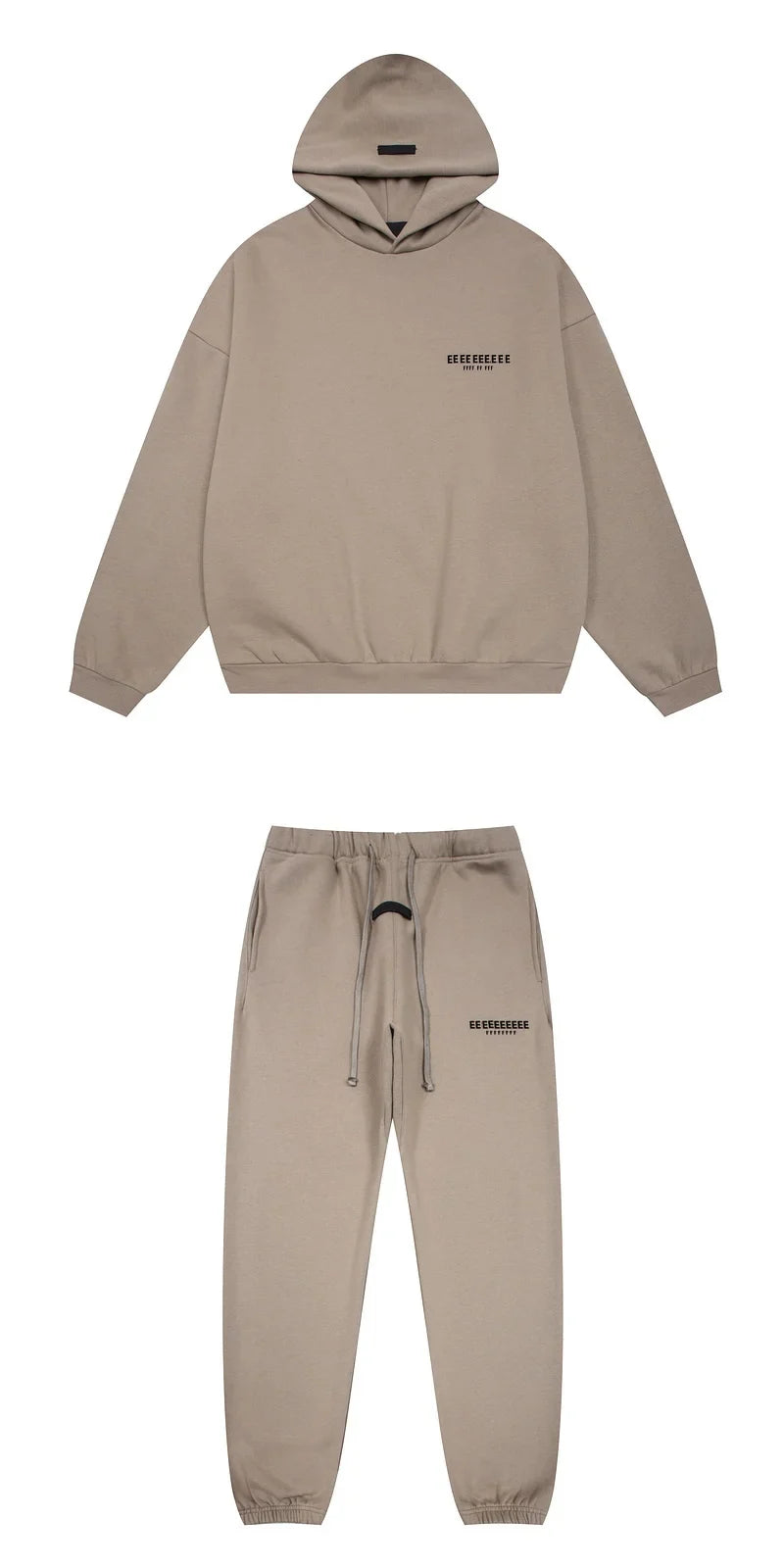 Beige classic brand hoodies and joggers set with subtle black logo embroidery made from quality fleece sweatshirts for hiphop streetwear oversize look