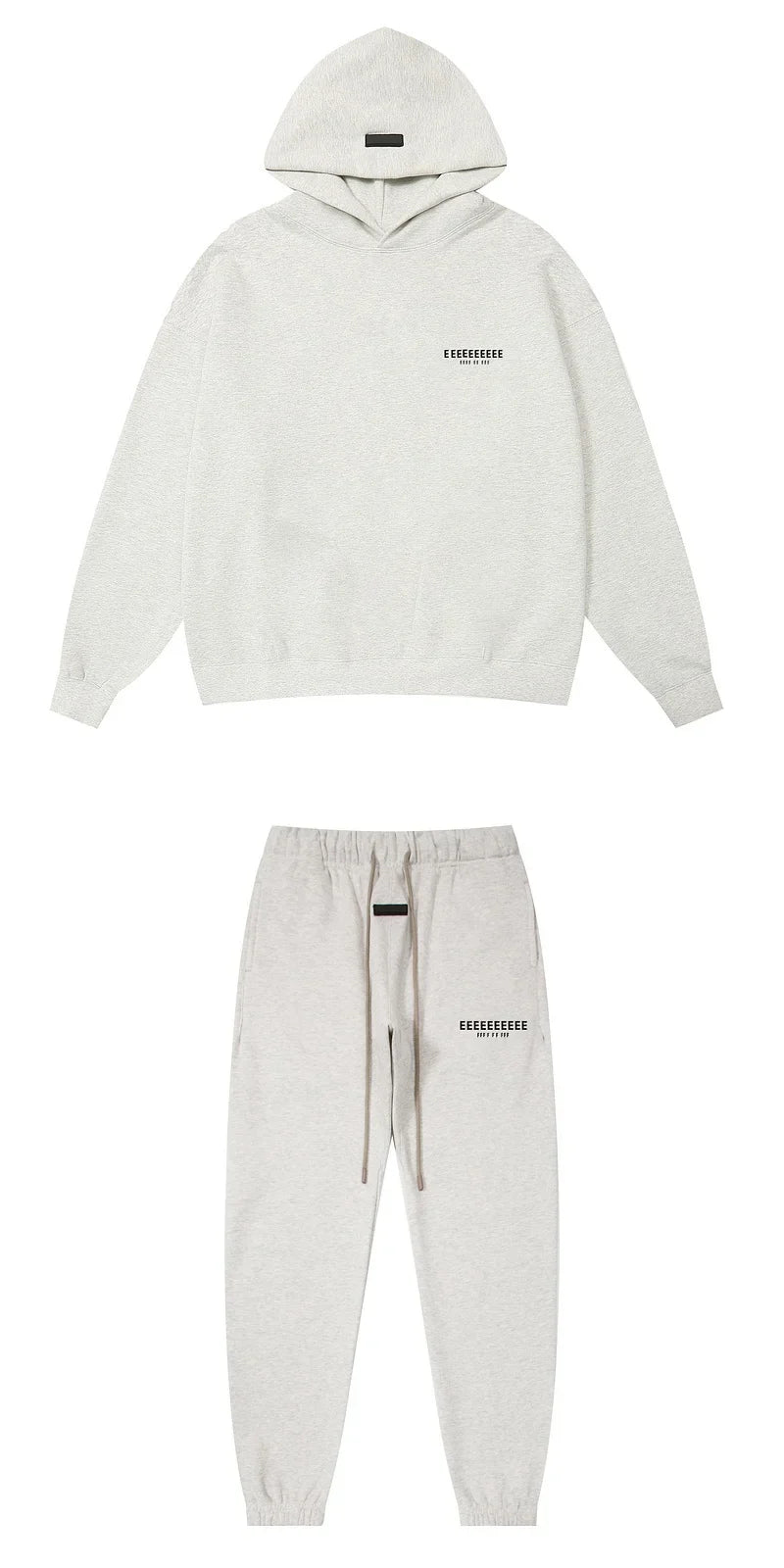 Minimalist off-white classic brand hoodies and joggers set with subtle black branding made from quality fleece sweatshirts for hiphop streetwear oversize look
