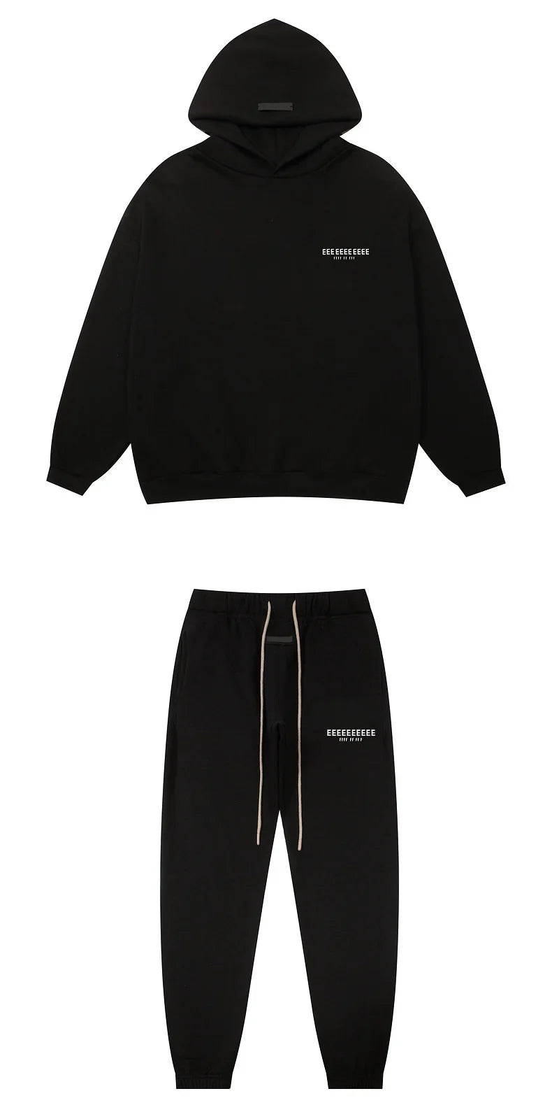 Black hoodie and joggers set with subtle white branding and matching drawstrings made from quality fleece sweatshirts for hiphop streetwear oversize look