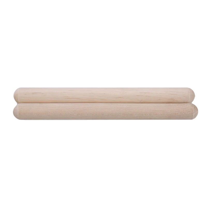 Two light-colored wooden classic claves rhythm sticks with smooth ends for kid children musical percussion use