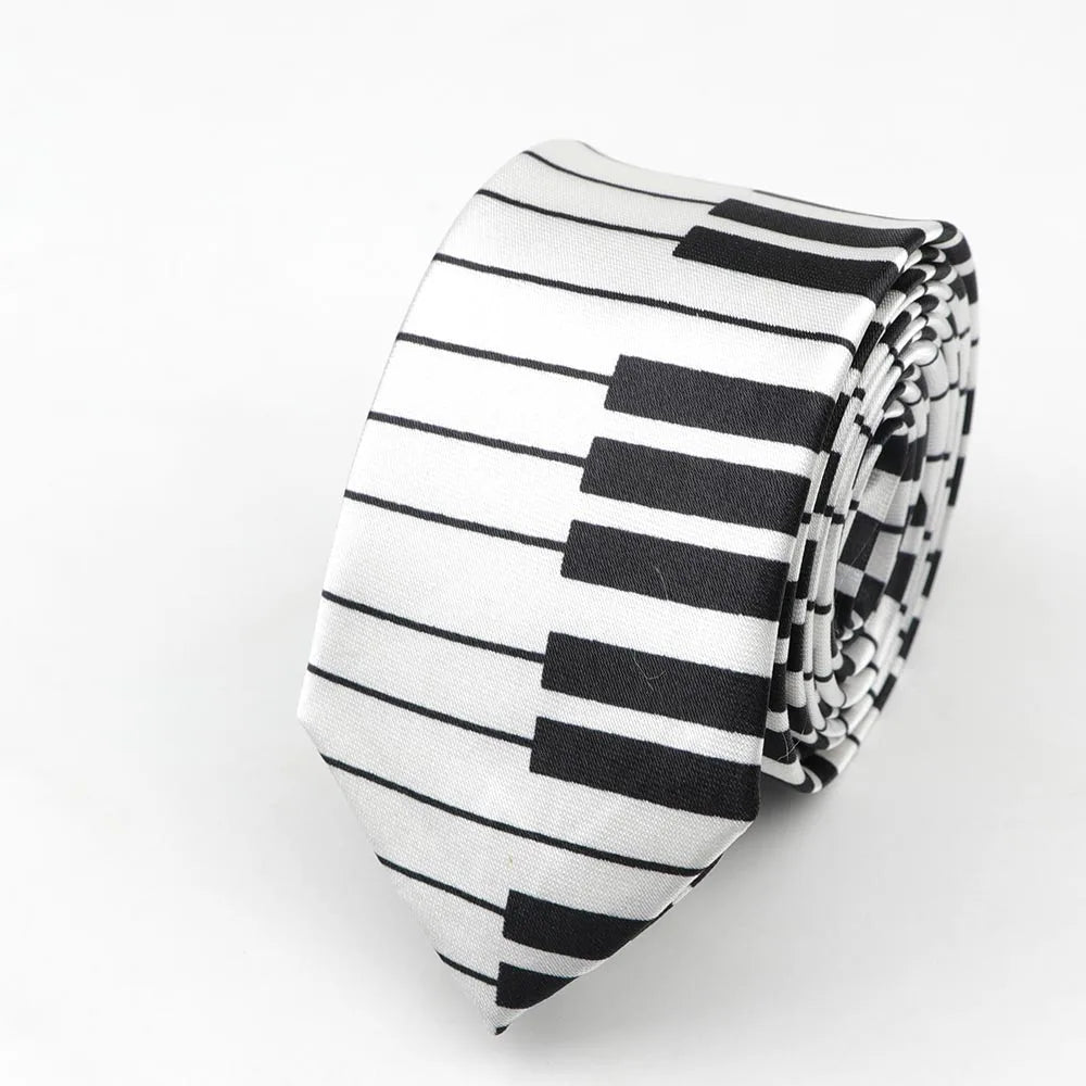 A sleek black and white piano key patterned polyester skinny tie colorful musical notes printed party gift accessory
