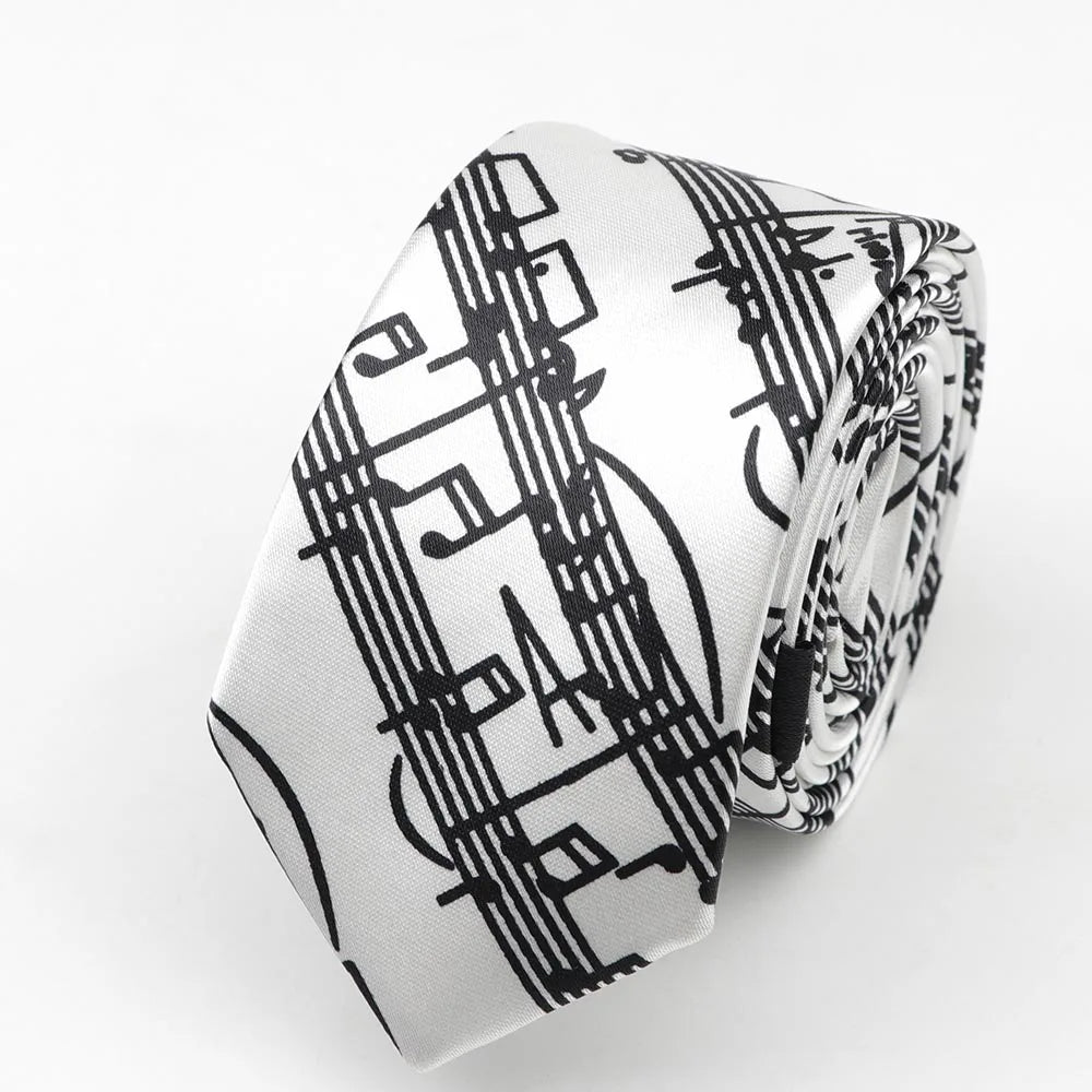 A sleek white polyester skinny tie with colorful musical notes print and 5cm width necktie party accessory