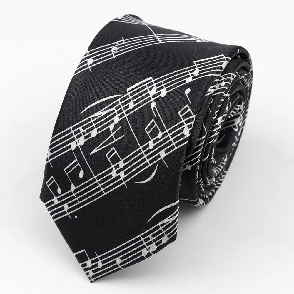 Black polyester skinny tie colorful musical notes printed with 5cm width necktie party accessory