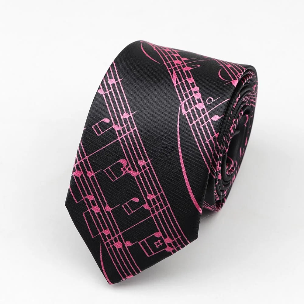 Classic fashion men’s black polyester skinny tie colorful musical notes printed 5cm width necktie party accessory