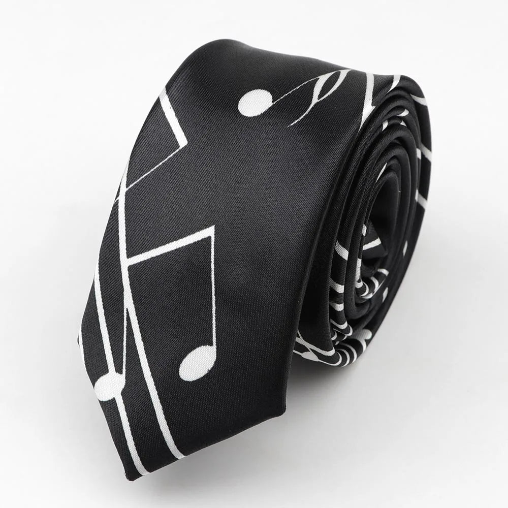 Black silk skinny tie with colorful musical notes pattern made of polyester 5cm width necktie party accessory