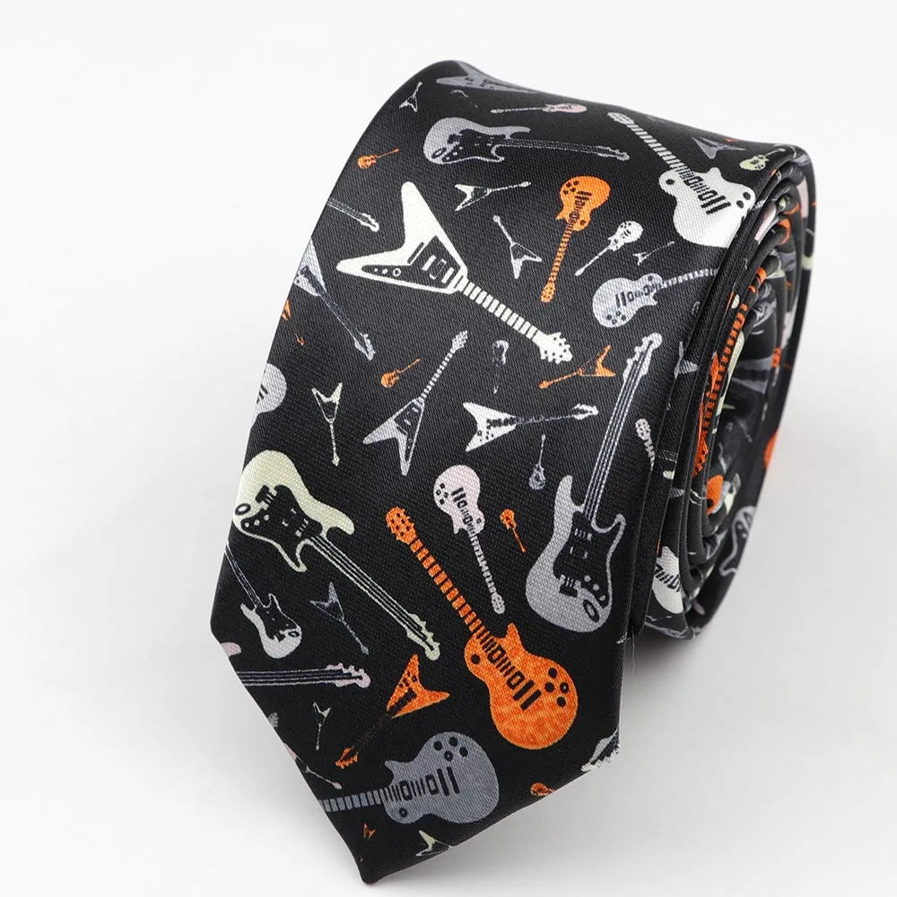 Classic fashion men’s black skinny tie colorful electric guitar pattern polyester 5cm width necktie party accessory