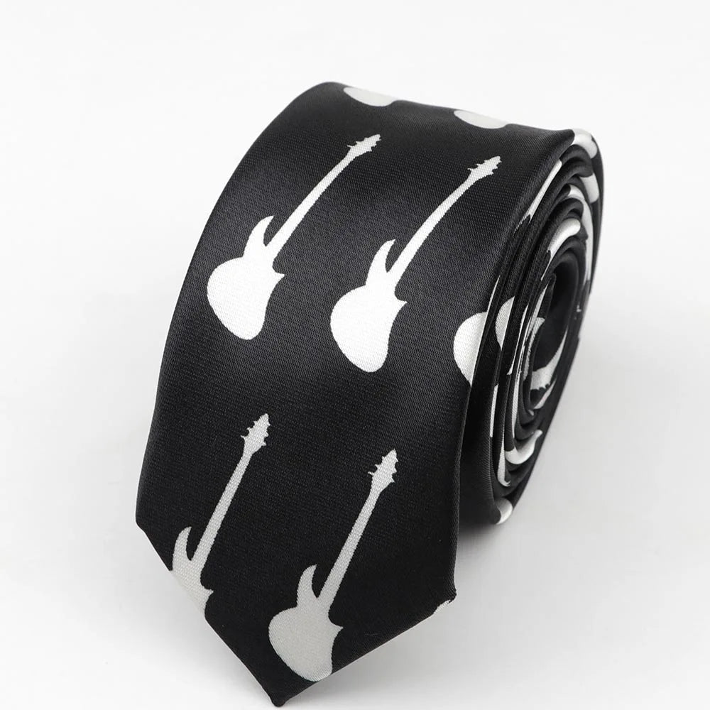 Black silk skinny tie with white electric guitar pattern musical notes printed polyester 5cm width necktie party gift accessory