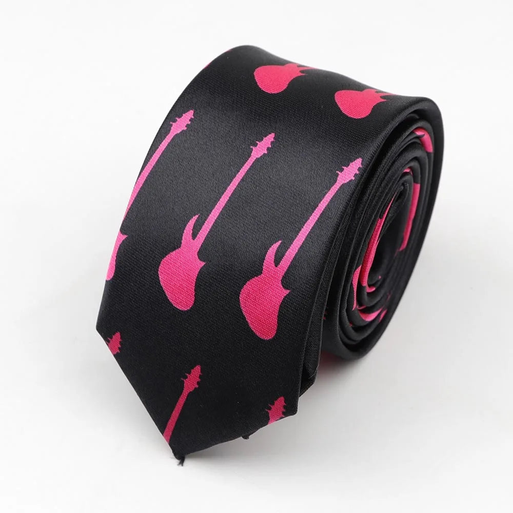 Black satin skinny tie with vibrant pink guitar silhouette colorful musical notes print 5cm width necktie party accessory