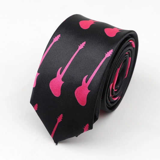 Black satin skinny tie with vibrant pink guitar silhouette colorful musical notes print 5cm width necktie party accessory