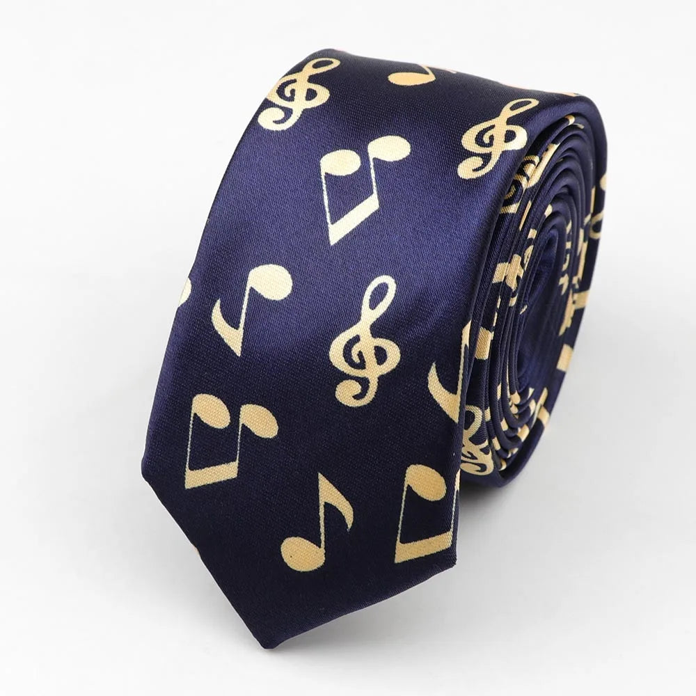 A navy blue polyester skinny tie colorful with musical notes printed design and 5cm width necktie party gift accessory