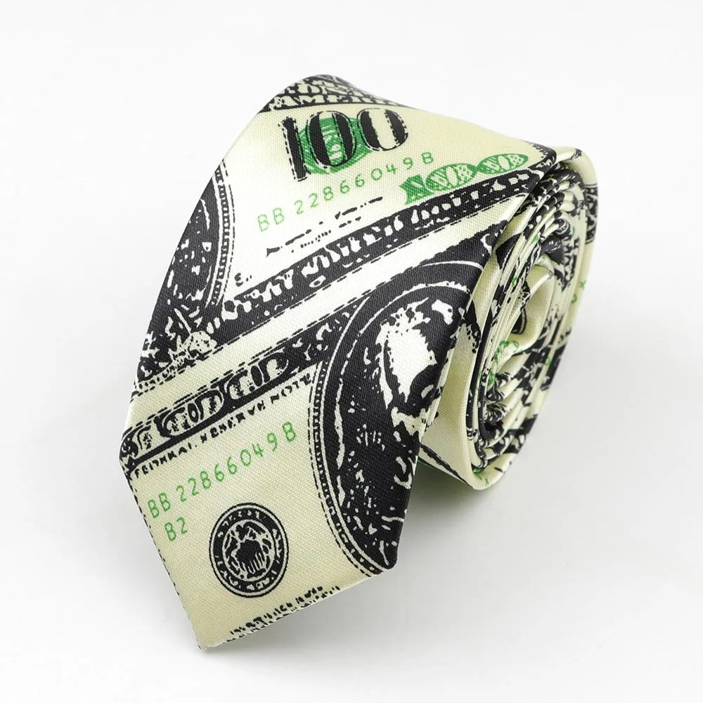 A black and green polyester skinny tie colorful printed to resemble a $100 bill ideal for width necktie party accessory