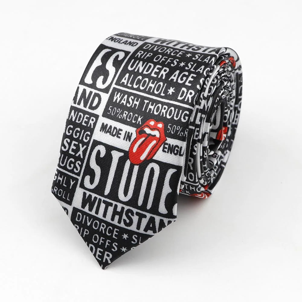 Classic fashion men’s skinny tie colorful musical notes printed polyester necktie with red rolling stones logo for party gift