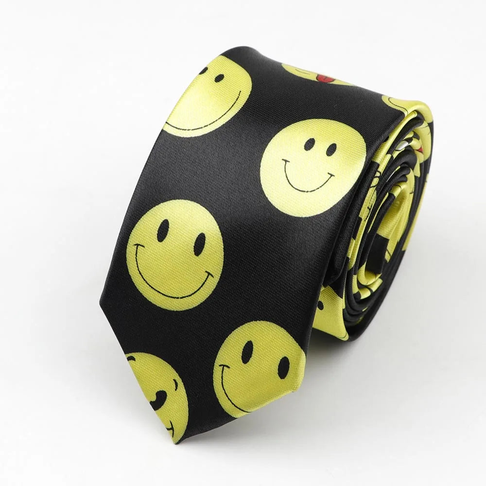 Black tie with bright yellow smiley faces pattern skinny tie colorful polyester 5cm width necktie party accessory