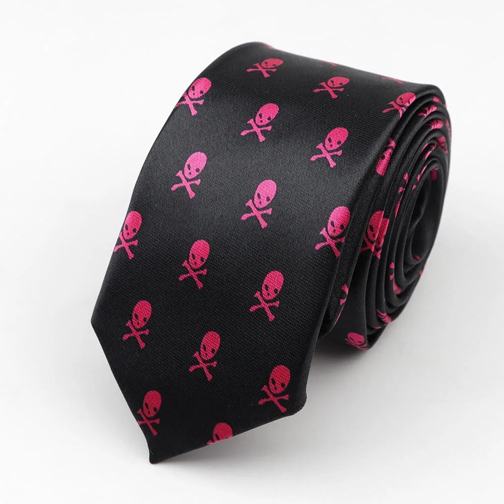 Black satin skinny tie with pink skull and crossbones pattern colorful musical notes width necktie party accessory