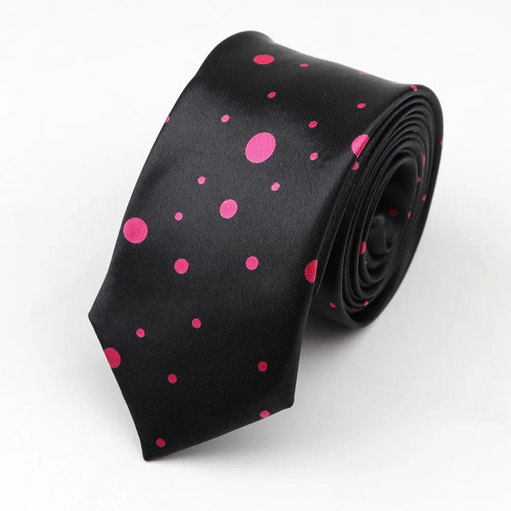 Black silk skinny tie with vibrant pink polka dots in 5cm width necktie party accessory design