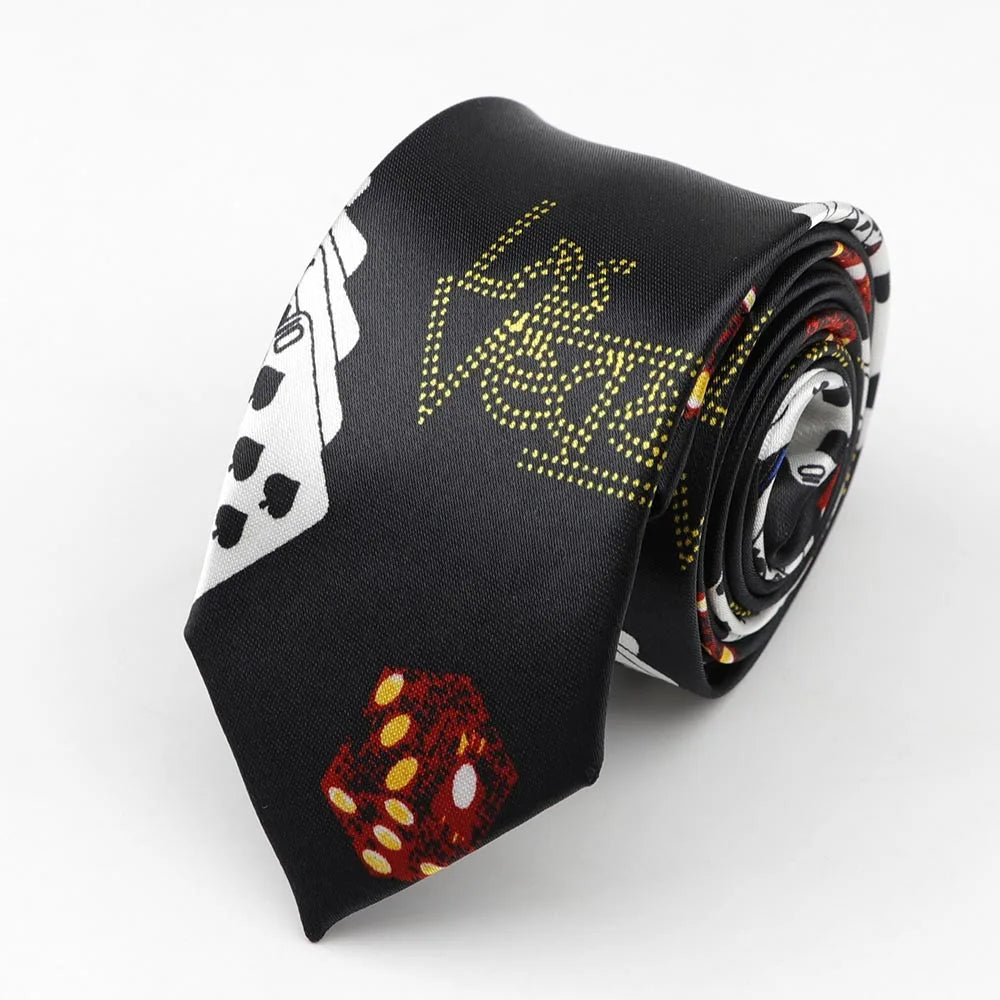 Black silk skinny tie with casino-themed gold playing cards dice las vegas sign perfect colorful width necktie party accessory