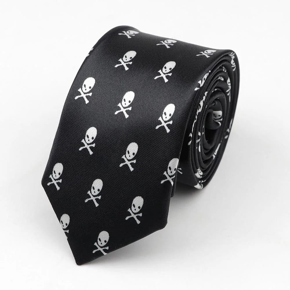 Black satin skinny tie with white skull and crossbones pattern polyester width necktie party accessory